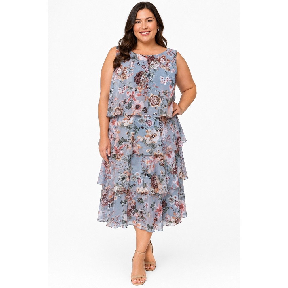 Coldwater Creek Blue Floral Tiered Chiffon Capelet Midi Sleeveless Dress Size 1X
